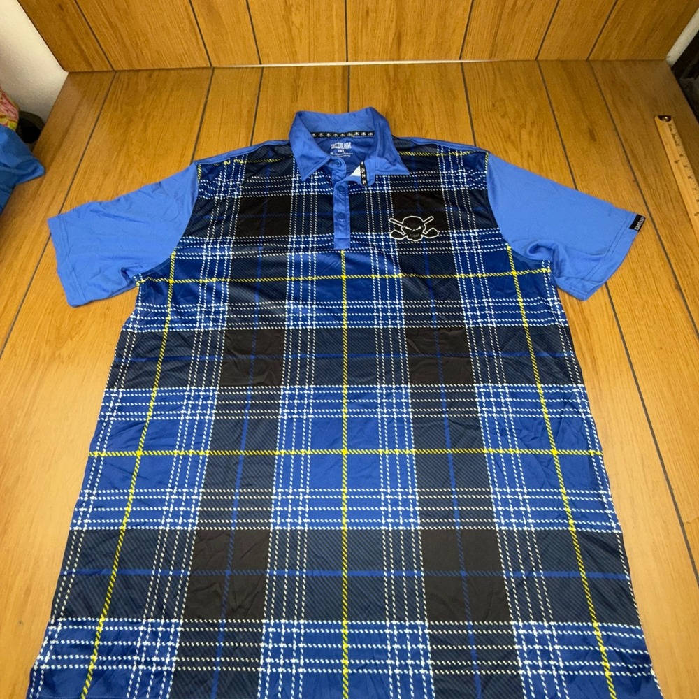 Tattoo Golf Men's 2XL The Hazard Collection  Polo Shirt‎ Skull Plaid Blue